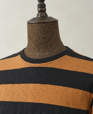 Slub Cotton Wide Striped Long Sleeve T-Shirt - Black/Orange