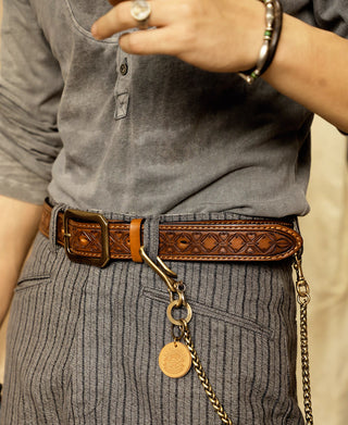 Western Tooled Leather Belt - Brown