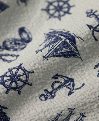 Nautical Printed Seersucker Short Sleeve Camp Shirt - Light Gray