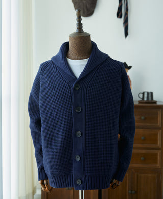 Shawl Collar Raglan Sleeve Wool Cardigan - Navy Blue