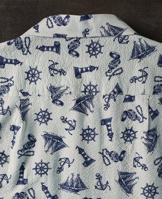 Nautical Printed Seersucker Short Sleeve Camp Shirt - Light Gray