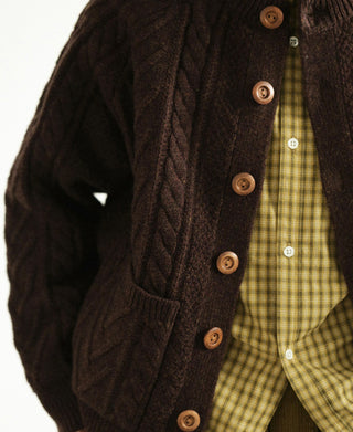 Cable Knit Shawl Collar Cardigan - Brown