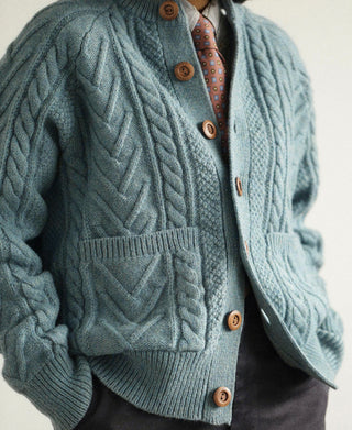 Cable Knit Shawl Collar Cardigan - Pale Blue