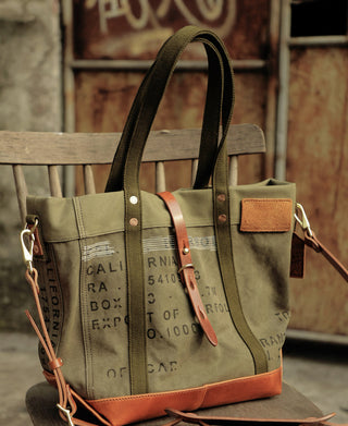 Canvas Leather Crossbody Tote Bag - Olive