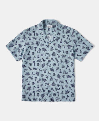 Nautical Printed Seersucker Short Sleeve Camp Shirt - Light Blue