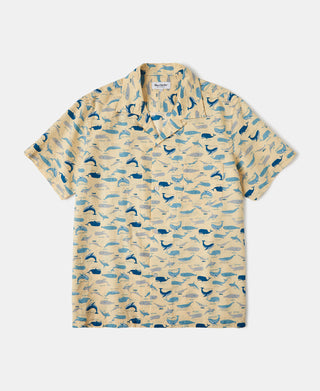 Marine Life Printed Seersucker Short Sleeve Camp Shirt - Light Yellow