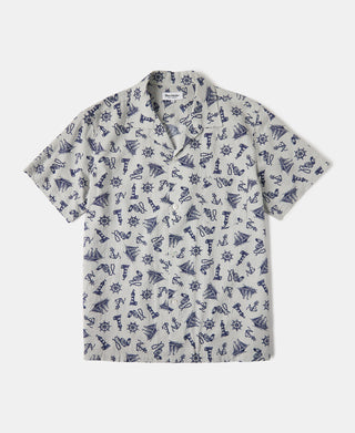 Nautical Printed Seersucker Short Sleeve Camp Shirt - Light Gray