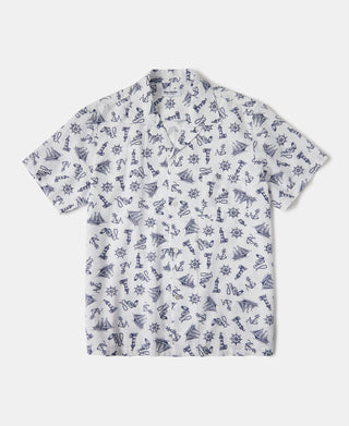 Nautical Printed Seersucker Short Sleeve Camp Shirt - White