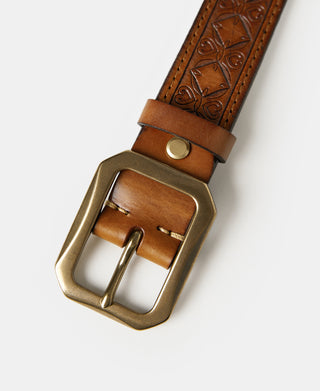 Western Tooled Leather Belt - Brown