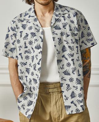 Nautical Printed Seersucker Short Sleeve Camp Shirt - Light Gray