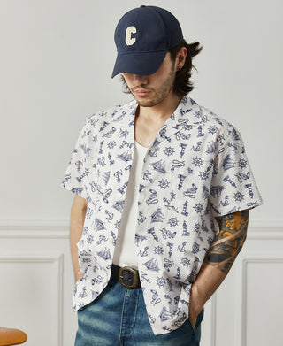 Nautical Printed Seersucker Short Sleeve Camp Shirt - White