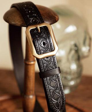 Western Tooled Leather Belt - Black