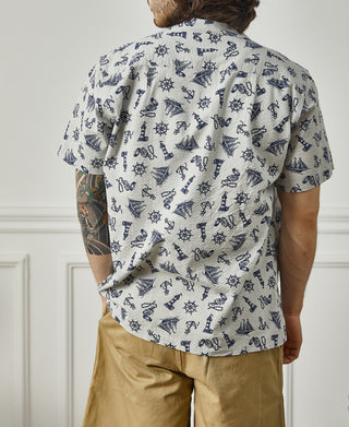 Nautical Printed Seersucker Short Sleeve Camp Shirt - Light Gray