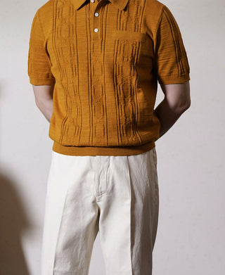 1960s Jacquard Slub Cotton Polo Shirt - Ginger