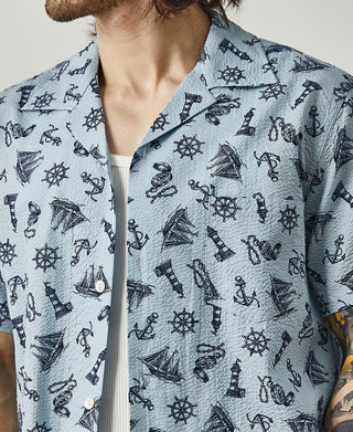 Nautical Printed Seersucker Short Sleeve Camp Shirt - Light Blue