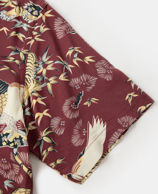 Ukiyo-e Tiger & Crane Pattern Aloha Shirt - Wine Red