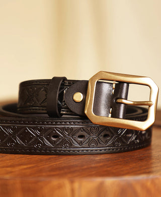 Western Tooled Leather Belt - Black