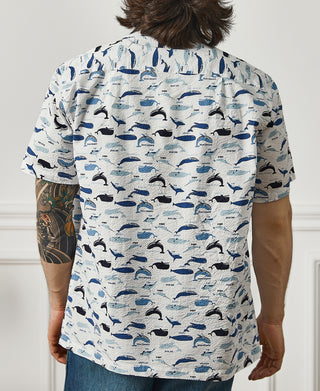 Marine Life Printed Seersucker Short Sleeve Camp Shirt - White