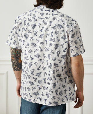 Nautical Printed Seersucker Short Sleeve Camp Shirt - White