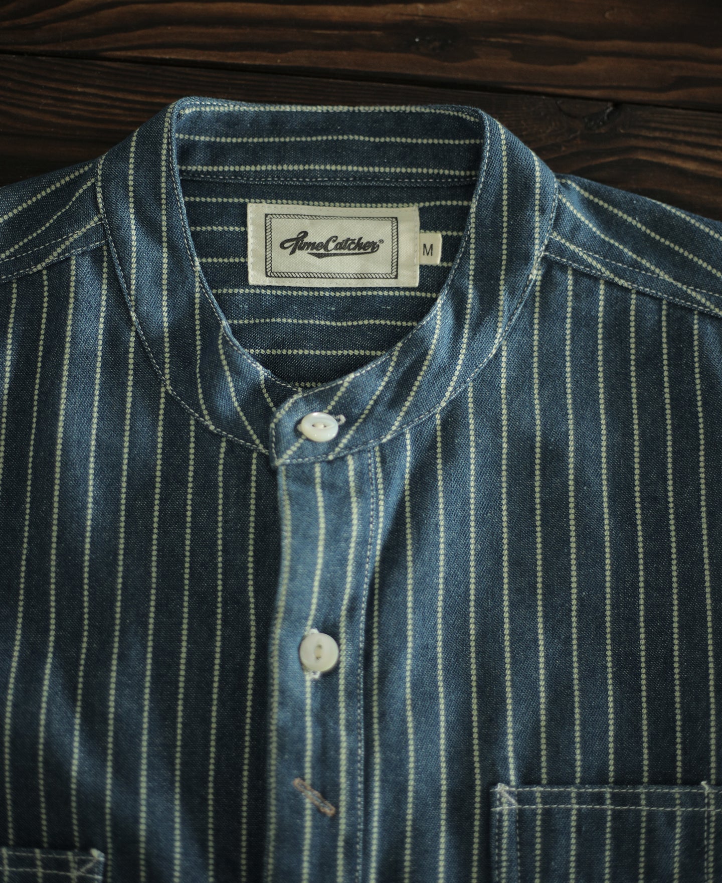 9 oz Wabash Striped Indigo Twill Band Collar Work Shirt | Olderbest