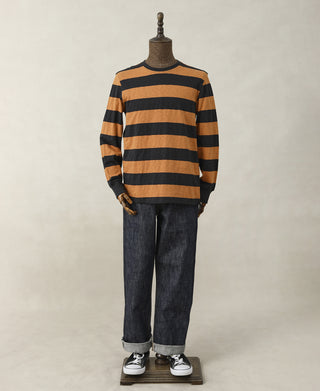 Slub Cotton Wide Striped Long Sleeve T-Shirt - Black/Orange