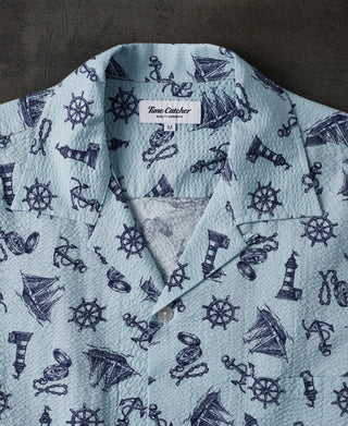 Nautical Printed Seersucker Short Sleeve Camp Shirt - Light Blue